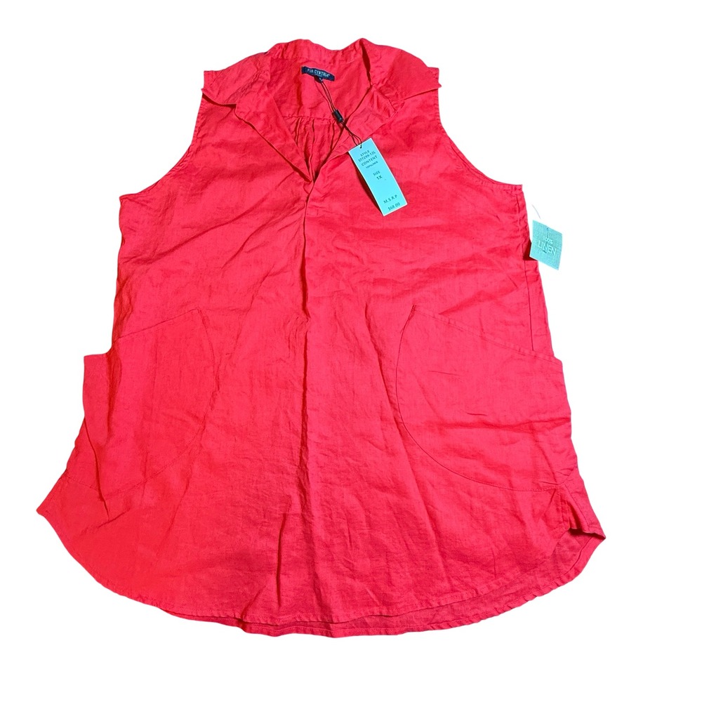 For Cynthia Red 100% Linen Sleeveless Tunic Top Shirt Plus Size 1X NWT